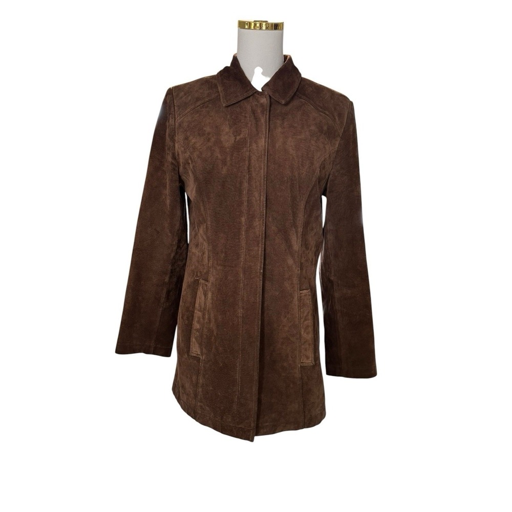 Vintage Brown Suede Leather Jacket Mid Length Coat Pointed Collar Chocolate M - Picture 2 of 9
